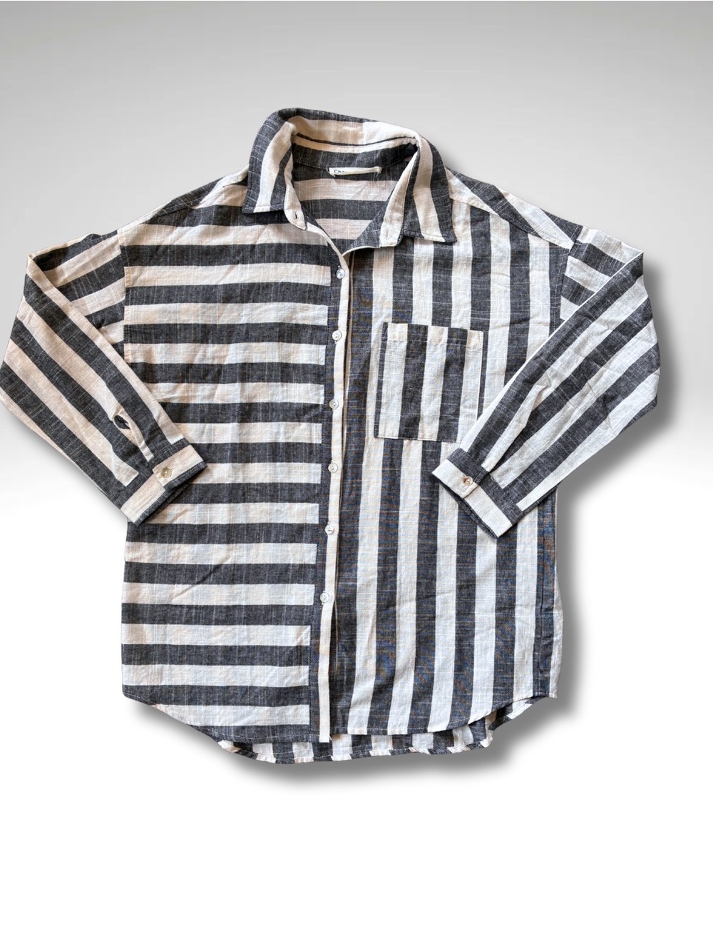 Striped Charcoal & Ivory Coastal Lightweight Oversized Button-Down Shirt size S